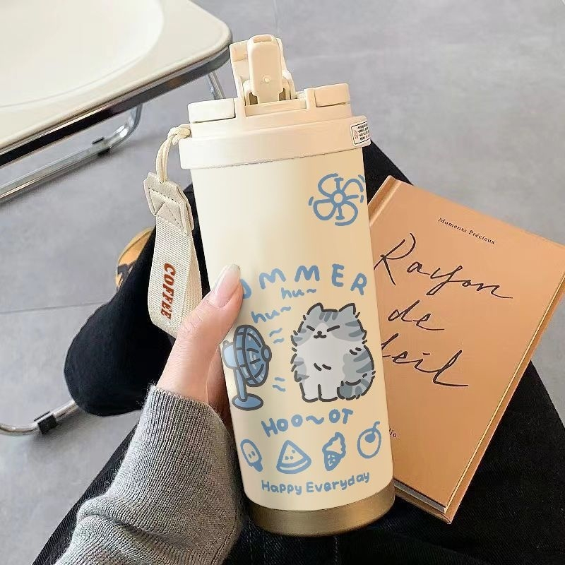 Aesthetic 550 ml "Summer Cat" Vacuum Insulated Stainless Steel Thermal Flask with 3-in-1 Leakproof Lid
