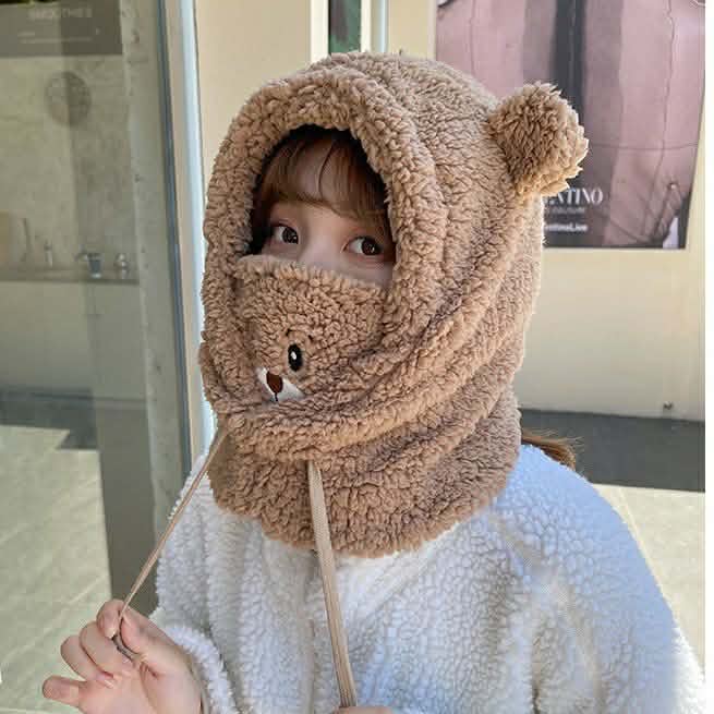 Cute Bear Hat with Earflaps: Women/Girl's Lamb Plush Warm Thickened Balaclava Hood with Ears