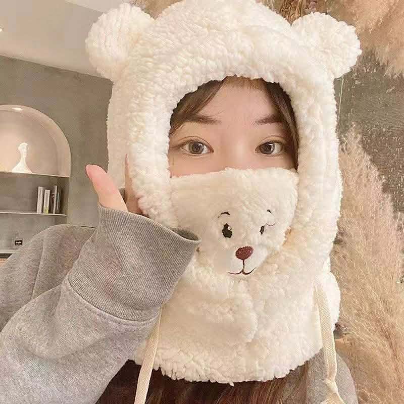 Cute Bear Hat with Earflaps: Women/Girl's Lamb Plush Warm Thickened Balaclava Hood with Ears